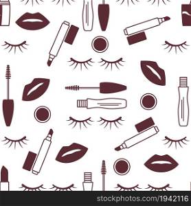 Vector seamless pattern with mascara, eyelashes, lips, lipstick, lip gloss. Decorative cosmetics, makeup background. Glamour fashion vogue style. Design for banner, poster or print.