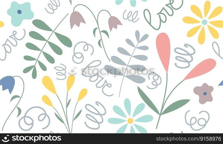 Vector seamless pattern with minimal pastel multicolor flowers and leaves. Simple cute childish print. Spring concept. Vector spring seamless pattern with minimal pastel multicolor flowers and leaves. Simple childish print.