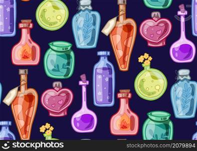 Vector seamless pattern with multicolored bottles with potions and tinctures. Alchemical poisons. Witch antidotes. Texture with hand drawn cartoon bottles and flasks for wrapping. Vector seamless pattern with multicolored bottles with potions and tinctures. Alchemical poisons. Witch antidotes. Texture with hand drawn cartoon bottles