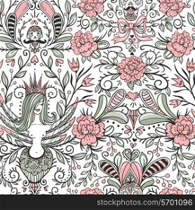 vector seamless pattern with mythology birds and roses
