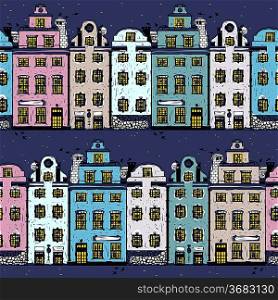 vector seamless pattern with night streets of an old town