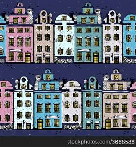 vector seamless pattern with night streets of an old town