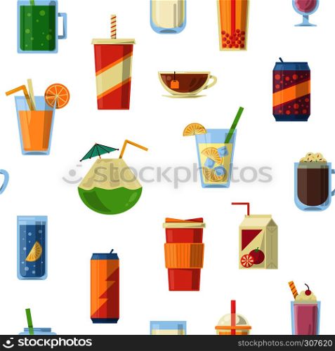 Vector seamless pattern with non alcoholic drinks. Vector illustrations. Seamless pattern with coffee and tea drink. Vector seamless pattern with non alcoholic drinks. Vector illustrations