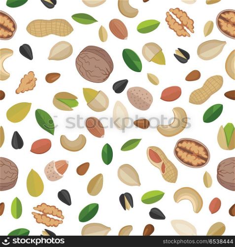 Vector seamless pattern with nuts and seeds. Flat design. Traditional snack. Healthy food. Ornament for wallpaper, polygraphy, textile, web page design, surface textures. Isolated on white background.. Vector Seamless Pattern with Nuts and Seeds. . Vector Seamless Pattern with Nuts and Seeds.