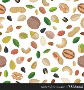 Vector seamless pattern with nuts and seeds. Flat design. Traditional snack. Healthy food. Ornament for wallpaper, polygraphy, textile, web page design, surface textures. Isolated on white background.. Vector Seamless Pattern with Nuts and Seeds. . Vector Seamless Pattern with Nuts and Seeds.
