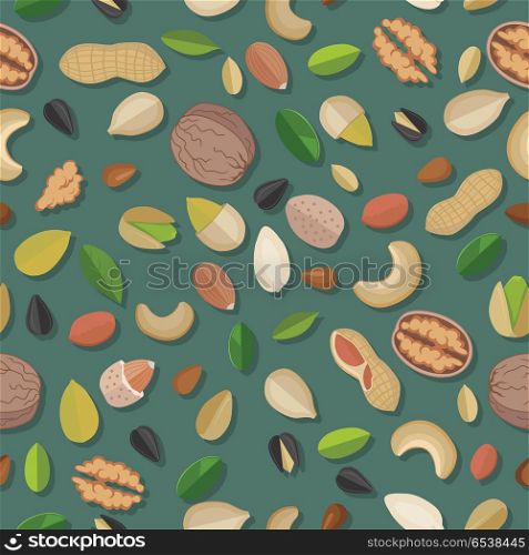 Vector seamless pattern with nuts and seeds. Flat design. Traditional snack. Healthy food. Ornament for wallpaper, polygraphy, textile, web design, surface textures. Isolated on colored background.. Vector Seamless Pattern with Nuts and Seeds. . Vector Seamless Pattern with Nuts and Seeds.