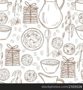 Vector seamless pattern with oatmeal porridge and cookies. Hand drawn sketch illustration. Vector oatmeal set. Porridge, cookies.