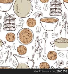 Vector seamless pattern with oatmeal porridge and cookies. Hand drawn sketch illustration. Vector oatmeal set. Porridge, cookies.