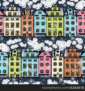 vector seamless pattern with old houses and snow clouds