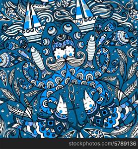 vector seamless pattern with old octopuses,ornamental fishes, boats and abstract waves