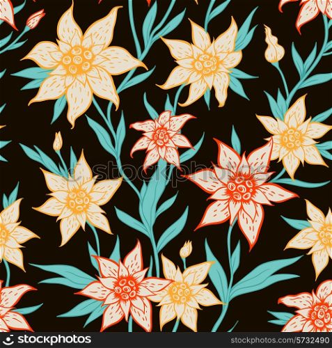 Vector seamless pattern with orange flowers on a black background