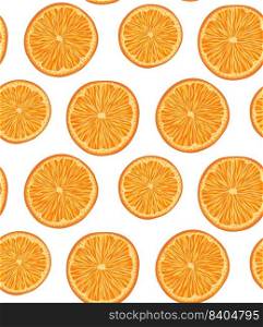 Vector seamless pattern with orange slices on white background. Texture with circle juicy fruits in row. Summer background with delicious fruits for fabrics and wrapping paper. Vector seamless pattern with orange slices on white background. Texture with circle juicy fruits in row. Summer background