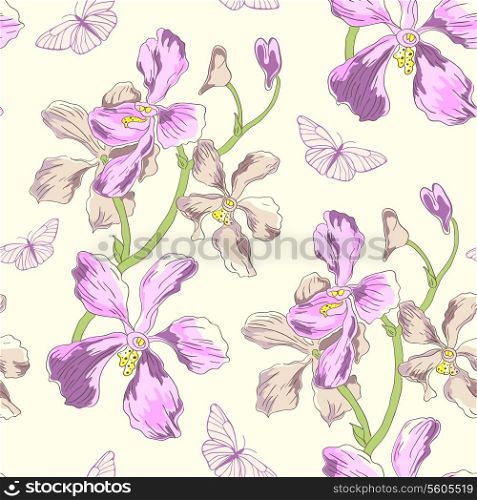 Vector seamless pattern with orchids and butterflies