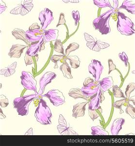 Vector seamless pattern with orchids and butterflies