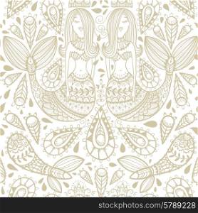 vector seamless pattern with ornamental abstract elements and beautiful mermaids