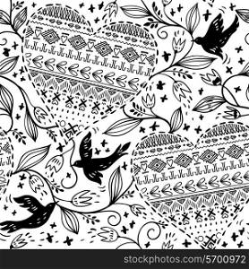 vector seamless pattern with ornamental hearts and abstract birds