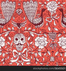 vector seamless pattern with ornamental skulls , peacocks and vintage roses