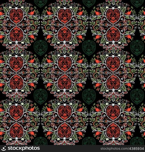 vector seamless pattern with ornate floral hearts