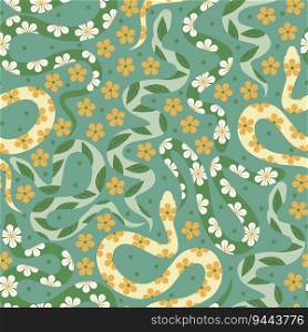 Vector seamless pattern with ornate snakes and flowers.
