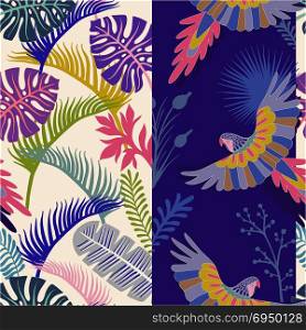 Vector seamless pattern with palm leaves and parrots. Vertical tropical wallpaper. Bright colorful botanical backdrop