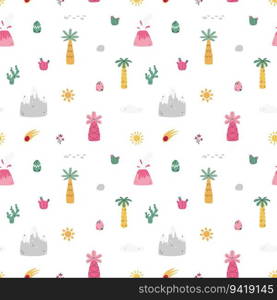 Vector seamless pattern with palm,mountains,rock,sun, egg, cactus,comet