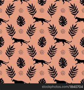 Vector seamless pattern with panther, tropical leaves and abstract shapes. Trendy illustration in a modern style.