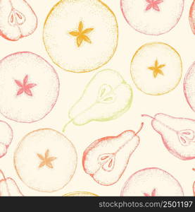 Vector seamless pattern with pears, cutaway fruits, slices. Illustration with pattern for packaging juice, wrapping paper or kitchen design.