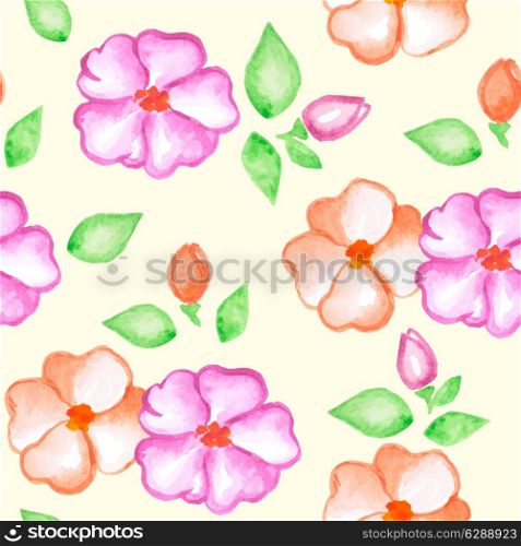 Vector seamless pattern with pink and orange watercolor flowers