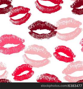 Vector seamless pattern with pink and red stamps of lipstick kisses. Romantic background for Valentine&rsquo;s day.