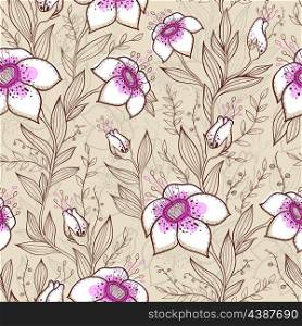 Vector seamless pattern with pink and white flowers