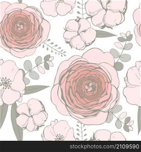 Vector seamless pattern with pink flowers,eucalyptus leaves and cotton balls
