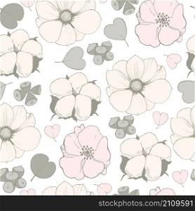 Vector seamless pattern with pink flowers,eucalyptus leaves and cotton balls