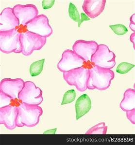 Vector seamless pattern with pink watercolor flowers
