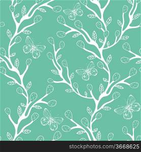 vector seamless pattern with plants and butterflies