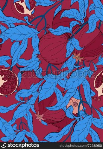 Vector seamless pattern with pomegranate branch with fruits and flowers on burgundi. Romantic background for wedding invitation, birthday, fabric, healfy food, halal cosmetics, scrapbook. Vector seamless pattern with pomegranate branch with fruits and flowers on burgundi.