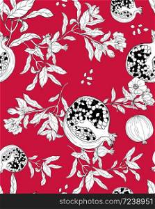 Vector seamless pattern with pomegranate fruits and seeds on white background. Design for cosmetics, spa, pomegranate juice, health care products, perfume. Best for textile or wrapping paper.. Vector seamless pattern with pomegranate fruits and seeds on white background. Design for cosmetics, spa, pomegranate juice, health care products, perfume. Best for textile or wrapping paper