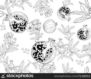 Vector seamless pattern with pomegranate fruits and seeds on white background. Design for cosmetics, spa, pomegranate juice, health care products, perfume. Best for textile or wrapping paper.. Vector seamless pattern with pomegranate fruits and seeds on white background. Design for cosmetics, spa, pomegranate juice, health care products, perfume. Best for textile or wrapping paper