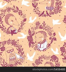 vector seamless pattern with portraits of funny animals