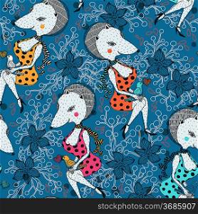 vector seamless pattern with pretty fashion foxes on a floral background