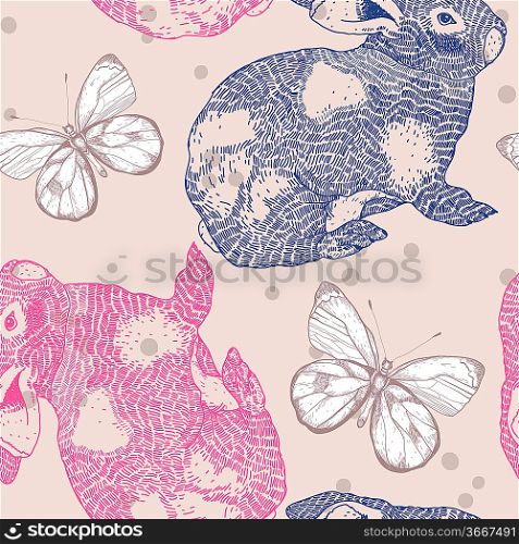 vector seamless pattern with rabbits and butterflies