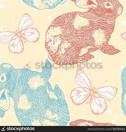 vector seamless pattern with rabbits and butterflies