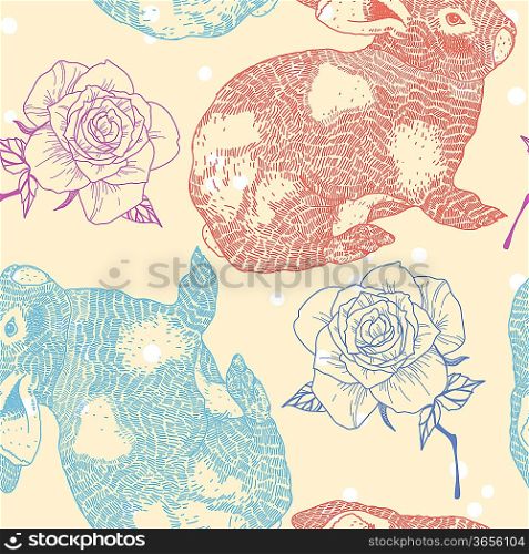 vector seamless pattern with rabbits and roses