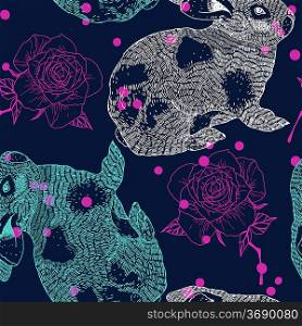 vector seamless pattern with rabbits and roses