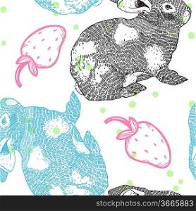 vector seamless pattern with rabbits and strawberries