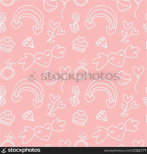 Vector seamless pattern with rainbow heart, cupcake. Creative baby kids hand drawn texture valentine love for fabric, wrapping, textile, wallpaper, apparel illustration.. Vector seamless pattern with rainbow heart, cupcake. Creative baby kids hand drawn texture valentine love for fabric, wrapping, textile, wallpaper, apparel illustration