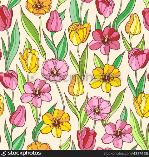 Vector seamless pattern with red and yellow tulips