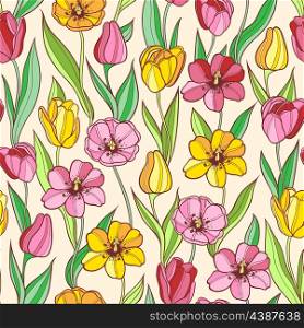 Vector seamless pattern with red and yellow tulips
