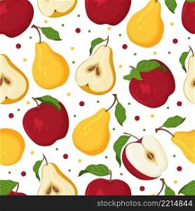 Vector seamless pattern with ripe yellow pears and red apples