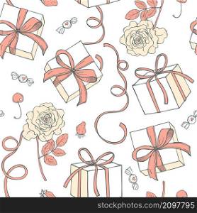 Vector seamless pattern with roses and gifts for Valentine&rsquo;s day. Sketch illustrarion. Background with flowers and gifts for Valentine&rsquo;s day.