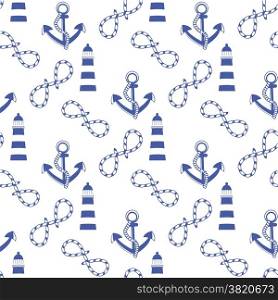 Vector seamless pattern with sea elements: lighthouse, anchor, rope. Can be used for wallpapers, web page backgrounds, greeting card, textile and more.